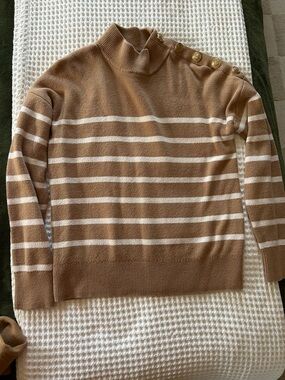 Nicole Miller Striped Camel and White Button-Shoulder Sweater